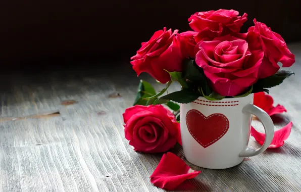 Картинка любовь, цветы, сердце, розы, ваза