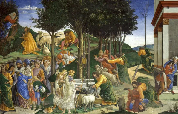 Картинка картина, мифология, Сандро Боттичелли, Сцены из Жизни Моисея