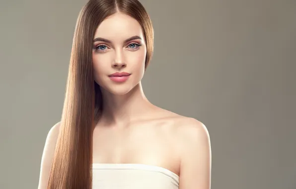 Картинка взгляд, фон, портрет, макияж, прическа, шатенка, красотка, в белом
