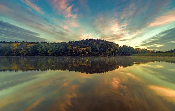 Картинка осень, лес, закат, озеро, отражение, Германия, Бавария, Germany