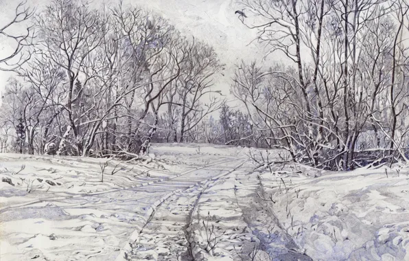 Деревья, Зима, зимний лес, зимняя дорога, зимний полдень, penart, malyshev roman, творчество пера