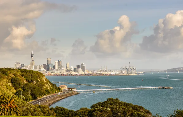Картинка дорога, мост, город, пролив, берег, Новая Зеландия, Auckland, О́кленд