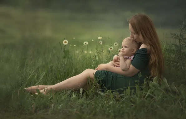 Картинка лето, трава, цветы, природа, женщина, ромашки, малыш, мама