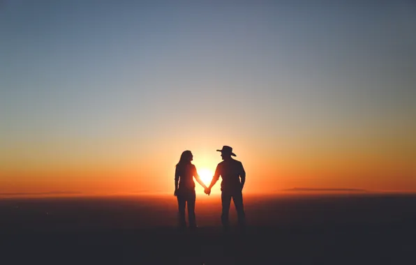 Sky, woman, sunset, mountains, clouds, man, couple, silhouette