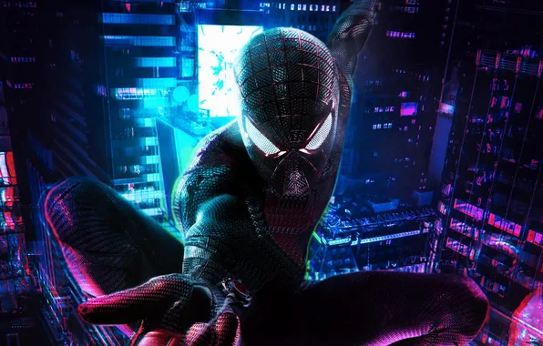 Небоскребы, неон, маска, ночной город, жест, марвел, Spiderman, Fanart