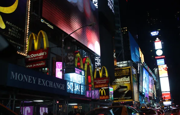 Ночь, город, Нью-Йорк, такси, Макдональдс, таймс сквер, NYC, New York City