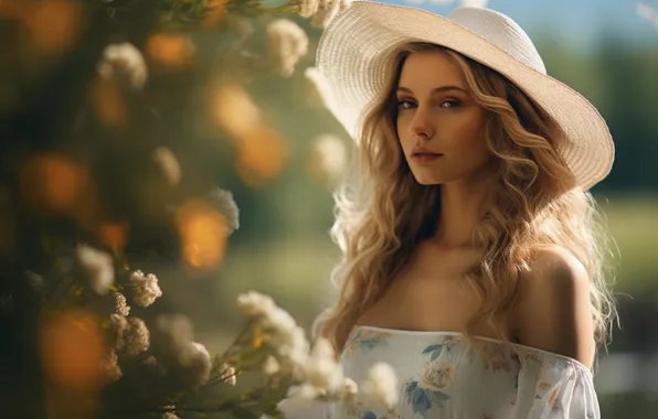 Лето, взгляд, девушка, цветы, природа, лицо, поза, портрет
