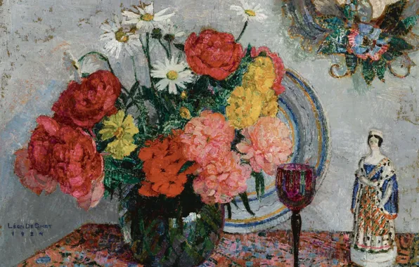 Картинка цветы, статуэтка, Натюрморт, фужер, 1924, Leon De Smet, Леон де Смет