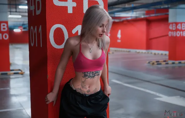 Картинка девушка, model, Nike, parking, tattoo, blonde, indoors, sportswear