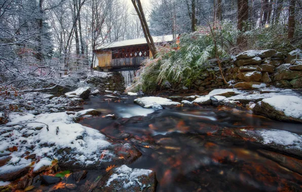 Картинка осень, снег, деревья, мост, река, New Hampshire, Нью-Хэмпшир, Гилфорд