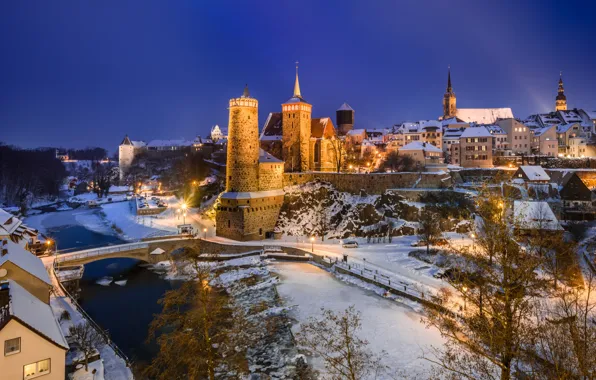 Картинка зима, вечер, Германия, замки, Bautzen