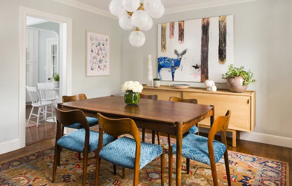 Комната, интерьер, ретро стиль, столовая, винтажный дизайн, A modest dining room, with mid-century modern flavor, …