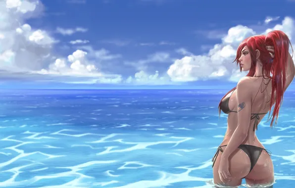 Girl, Red, Hot, Sexy, bra, beach, Anime, legs