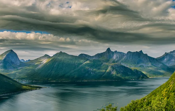Небо, облака, пейзаж, горы, озеро, Norway