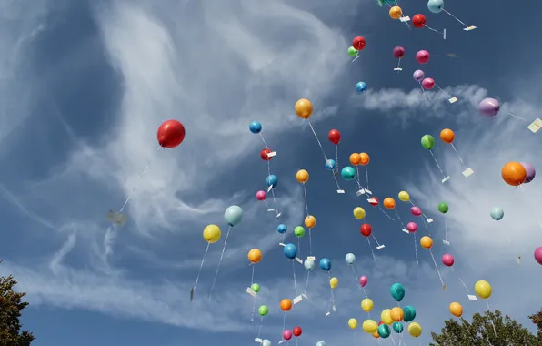 Небо, шарики, шары, цветные, воздушные