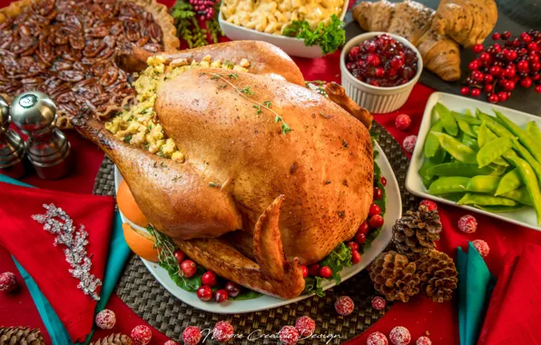 Птица, мясо, салат, праздничный стол, индейка, клюква