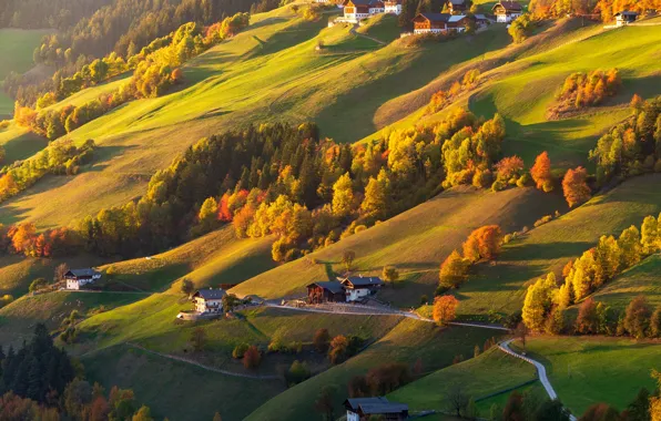 Картинка осень, деревья, пейзаж, горы, природа, склоны, дороги, дома