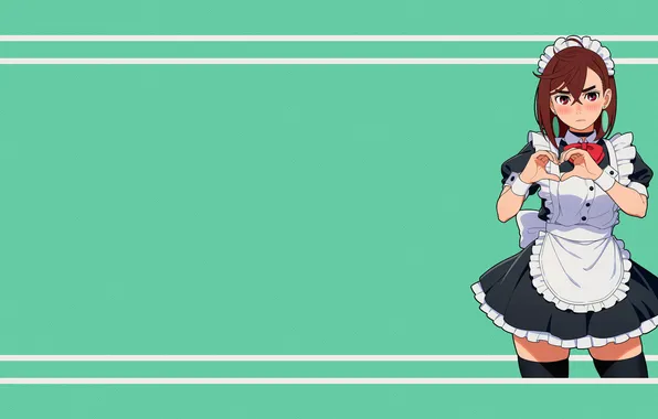 Картинка аниме, брюнетка, сердечки, официантка, жест, anime, горничная, brunette