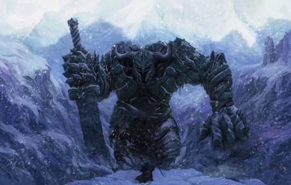 Картинка зима, снег, человек, меч, воин, великан