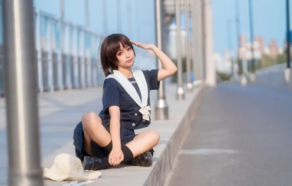 Взгляд, азиатка, жест, униформа, look, милая девушка, cute girl, uniform