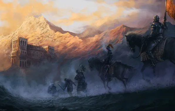 Картинка горы, город, туман, конь, всадники, поход, знамя