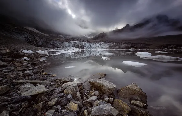 Картинка лед, снег, горы, тучи, природа, озеро, отражение