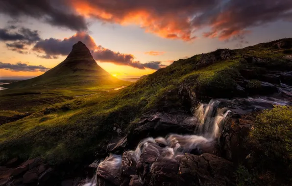 Закат, природа, скалы, водопад, красота, Iceland, Grundarfjоrоur