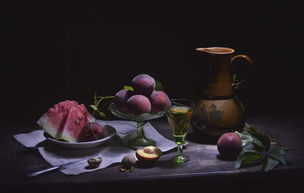 Арбуз, кувшин, натюрморт, персики