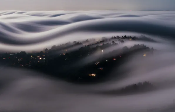Облака, огни, туман, вечер, Калифорния, США