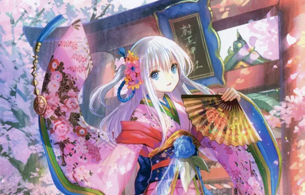 Танец, Япония, веер, девочка, кимоно, голубые глаза, art, Fujiwara
