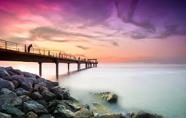 Картинка море, пейзаж, закат, мост