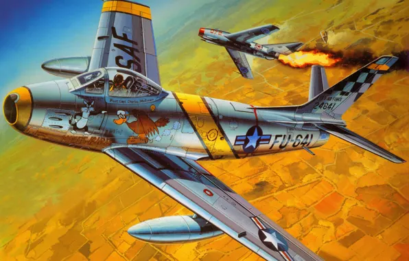 Картинка war, art, painting, aviation, korea, dogfight, jets, F-86 Sabre