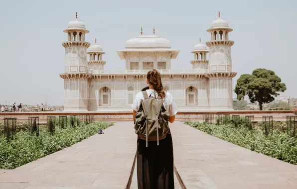 Картинка Девушка, Индия, Агра, Сзади, Agra, India, Гробница Итимад-уд-Даула, Tomb of Itimad-ud-Daulah