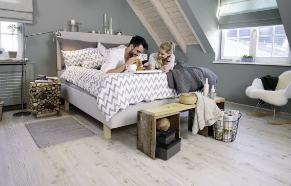 Bedroom, Morning coffee, Утренний кофе, Scandinavian style attic interior, Новые ламинатные декоры с эффектом светлой …