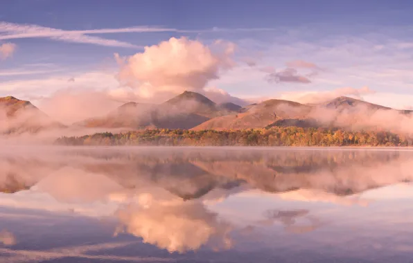 Облака, горы, озеро, Англия, Камбрия