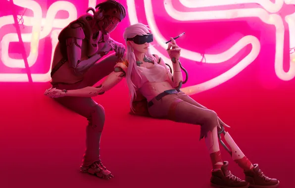 Девушка, Pink, Неон, Стиль, Girl, Fantasy, Beautiful, Robot