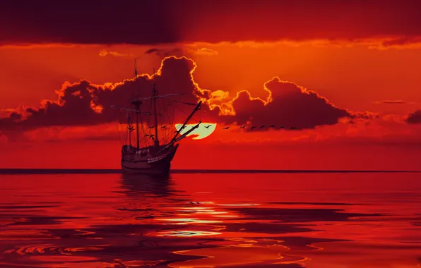 Море, небо, закат, птицы, гладь, корабль