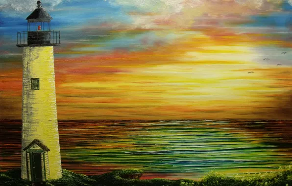 Картинка море, вода, закат, маяк, чайки, живопись, холст
