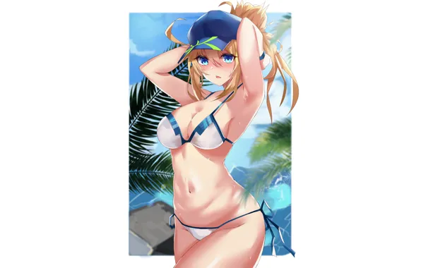 Girl, sexy, wet, cleavage, long hair, boobs, anime, blue eyes
