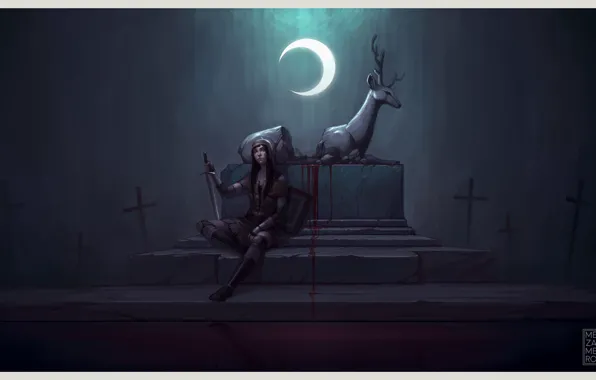 Картинка девушка, луна, меч, олень, арт, алтарь, жертвоприношение