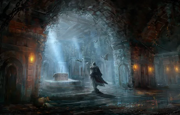 Картинка игры, фантастика, рисунок, мужчина, Assassins Creed, летучие мыши, помещение, games