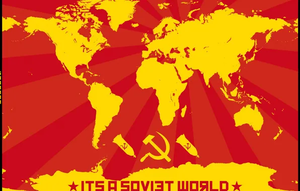 Звезда, молот, карта мира, коммунизм, бомбы, серп