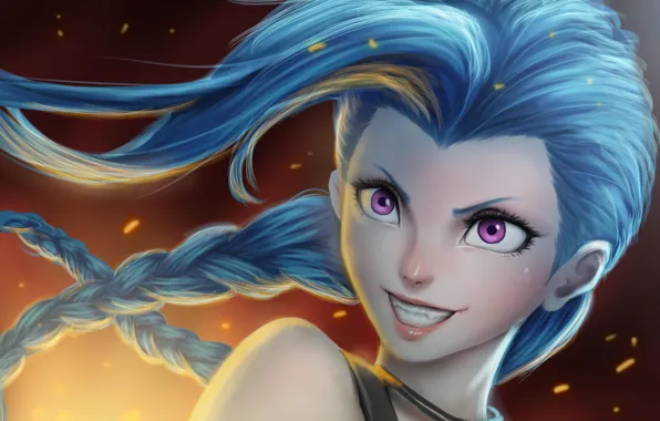 Картинка девушка, улыбка, арт, косички, League of Legends, LoL, Jinx