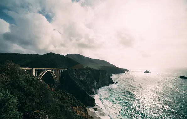 Картинка море, волны, вода, горы, мост, океан, скалы, California