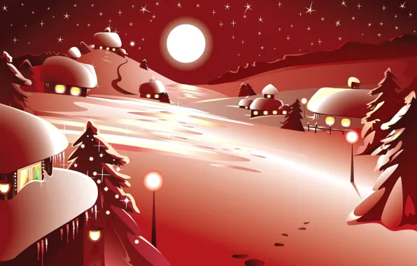 Зима, снег, ночь, вектор, Новый Год, Рождество, открытка
