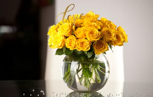 Love, розы, букет, ваза, yellow, vase, roses, table