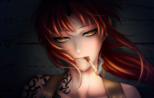 Картинка девушка, дым, аниме, арт, сигарета, татуировка, black lagoon, revy