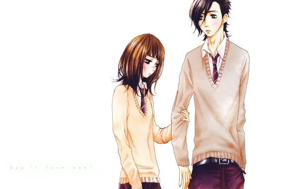 Галстук, белый фон, румянец, школьники, смущение, Say i love you, Yamato Kurosawa, Mei Tachibana