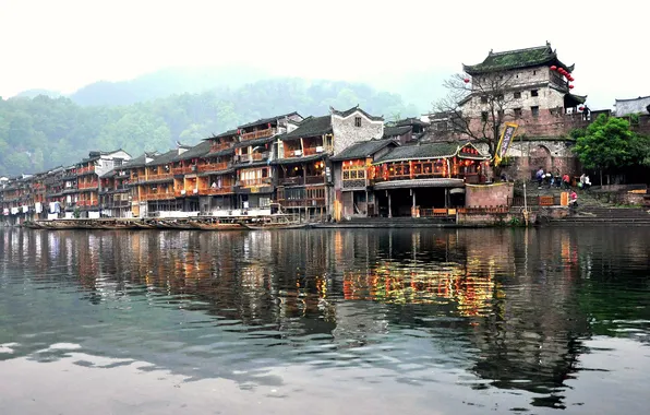 Картинка дома, лодки, Китай, набережная, Fenghuang
