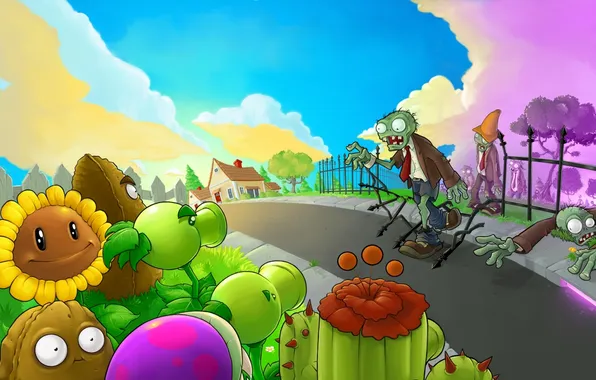 Картинка дорога, подсолнух, сад, кактус, картошка, Plants vs. Zombies, Растения против Зомби
